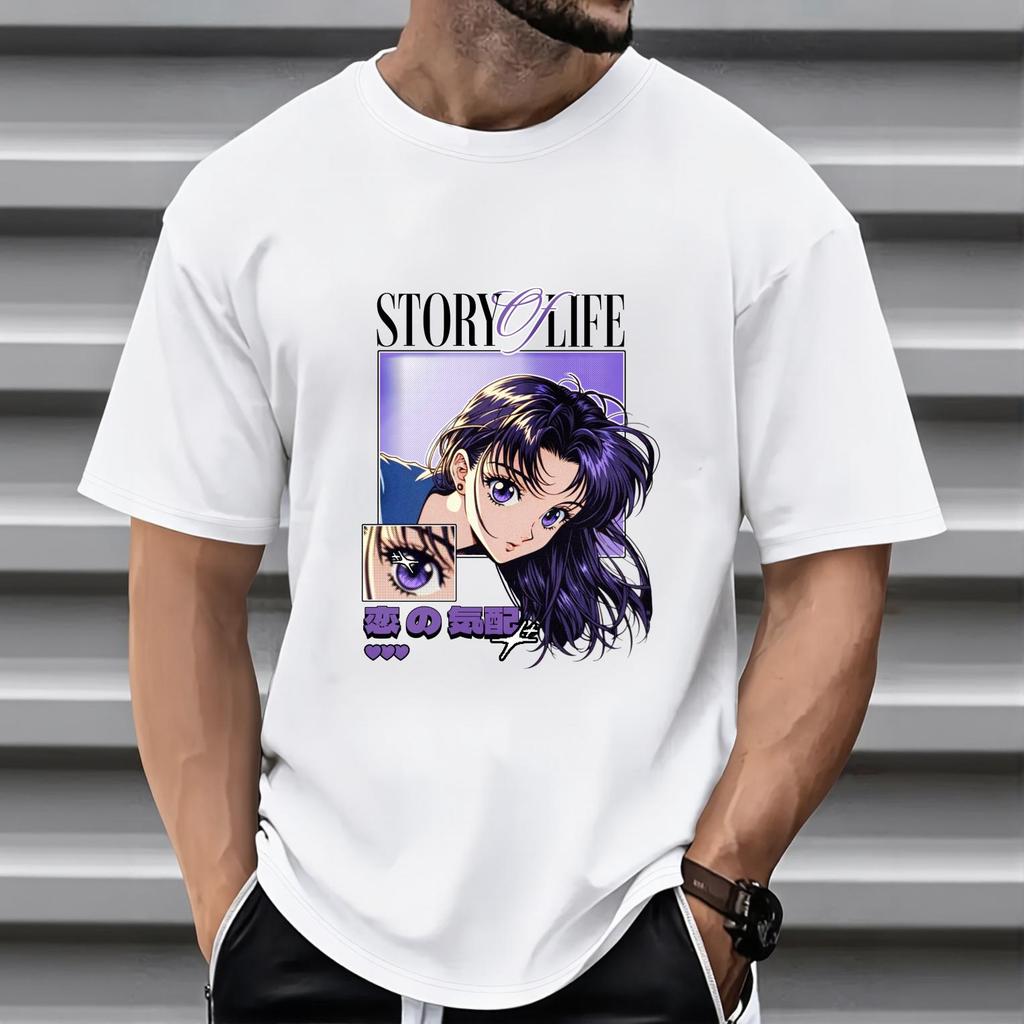 Camiseta Preta Masculina Estampa Menina Anime Cabelo Roxo Story Of Life Manga Curta Gola Redonda Versátil 100% Algodão