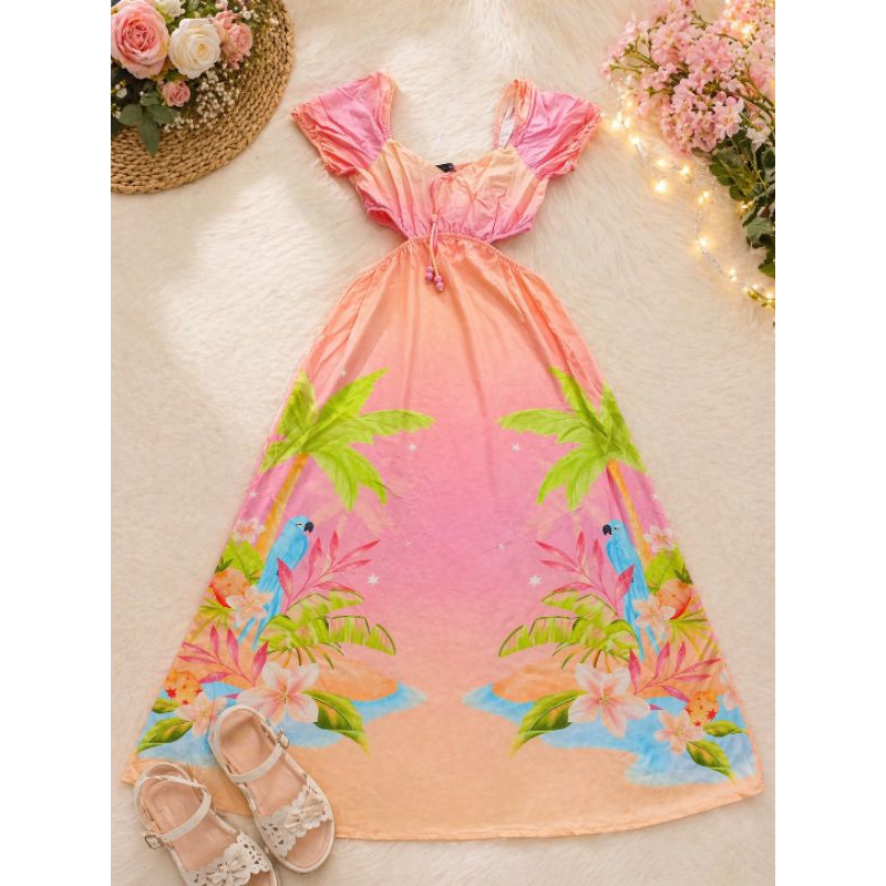 Vestido Infantil Estampado Tropical Menina Tam 14 Viscose Leve Verão Young Connection