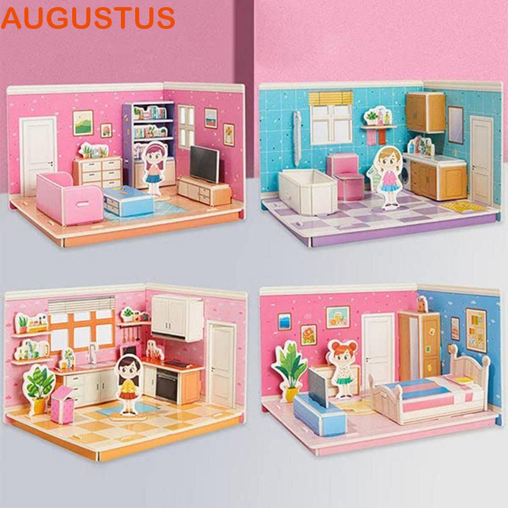 AUGUSTUS 3D Room Model Puzzle Toys , Quarto Cozinha Cardboard , Creative 3D Handmade Modelo Craft Fun Decorativo