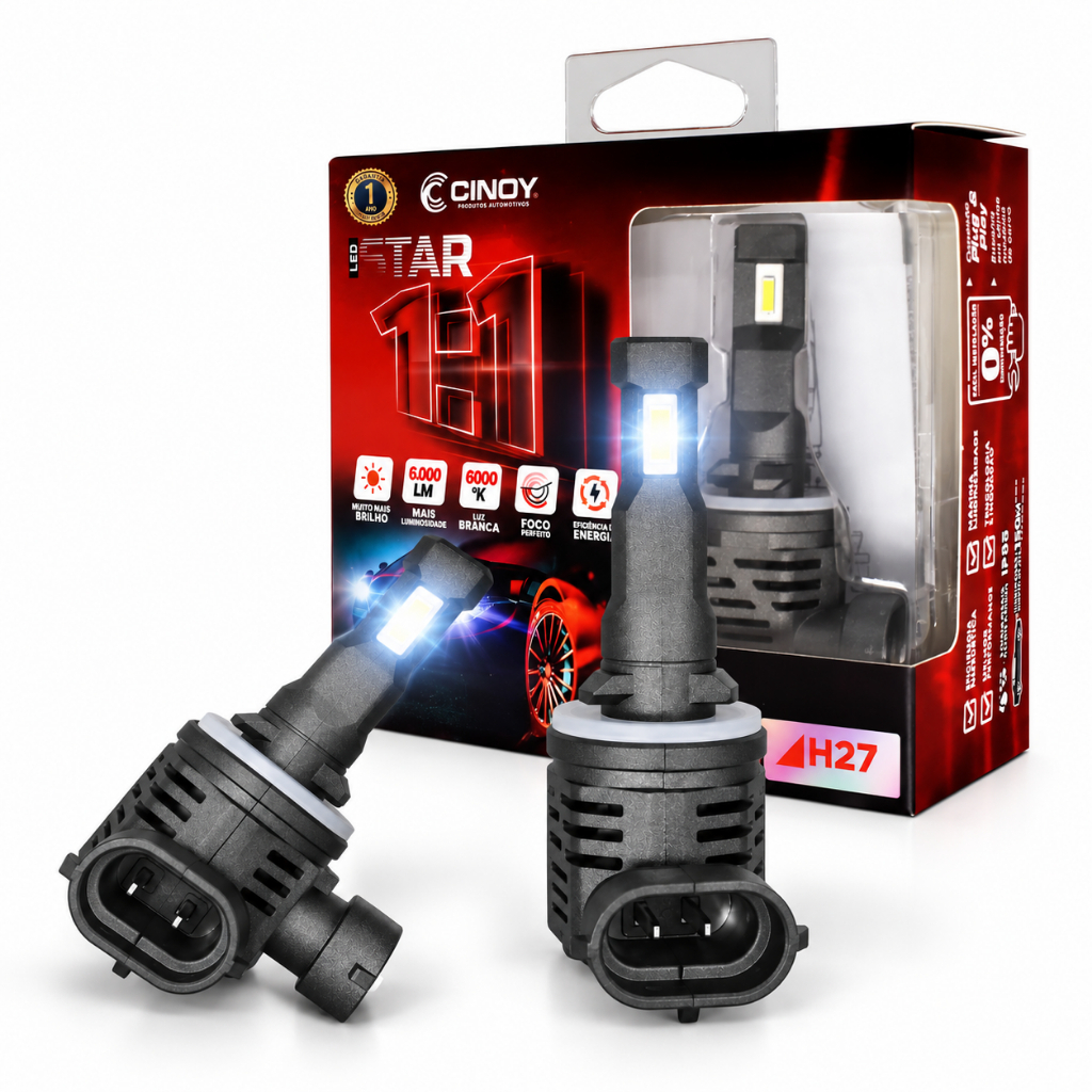 Par Lâmpada Kit Ultra Super Led Farol Cinoy Star H27 6000k Plug Play Cancel Mini Slim Foco Perfeito