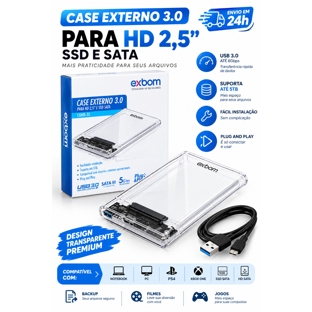 Case Slim para HD Externo 2.5” SATA USB 3.0 – Alta Velocidade e Portabilidade SSD Notebook PS4 XBOX