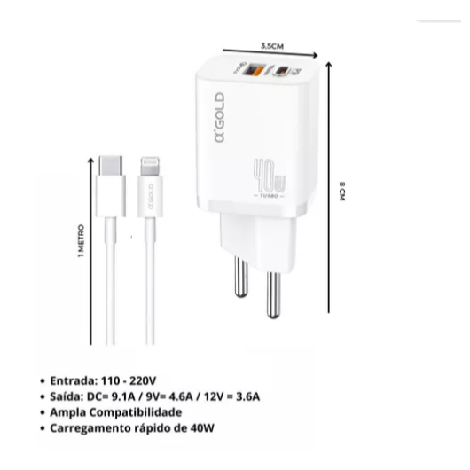 Carregador Turbo 40w Para iPhone 8 X Xr 11 12 13 14 Pro Max