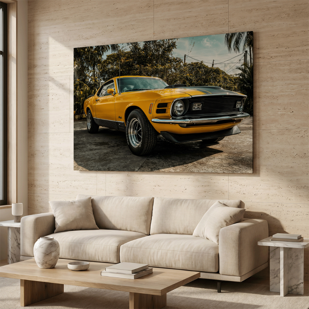 Quadro Decorativo Ford Mustang Amarelo – Muscle Car Clássico, Estilo Retrô Automotivo e Vintage