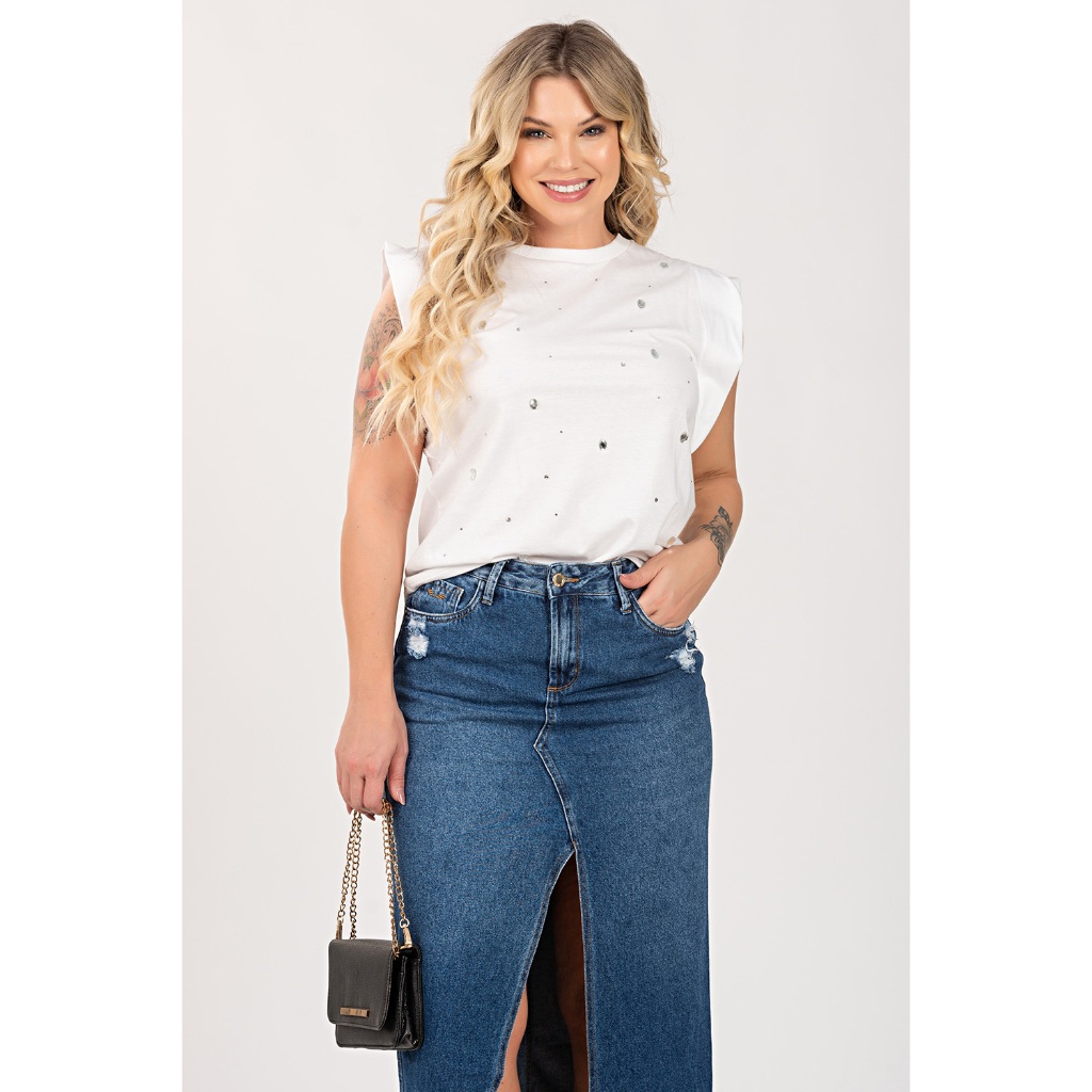 Blusa Regata Feminina 100%  Algodão Muscle Tee com pedraria