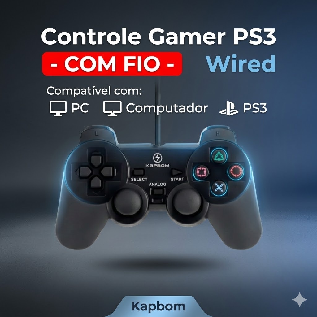 Controle Gamer PS3 - COM FIO - Wired PC Computador Kapbom KAP-3