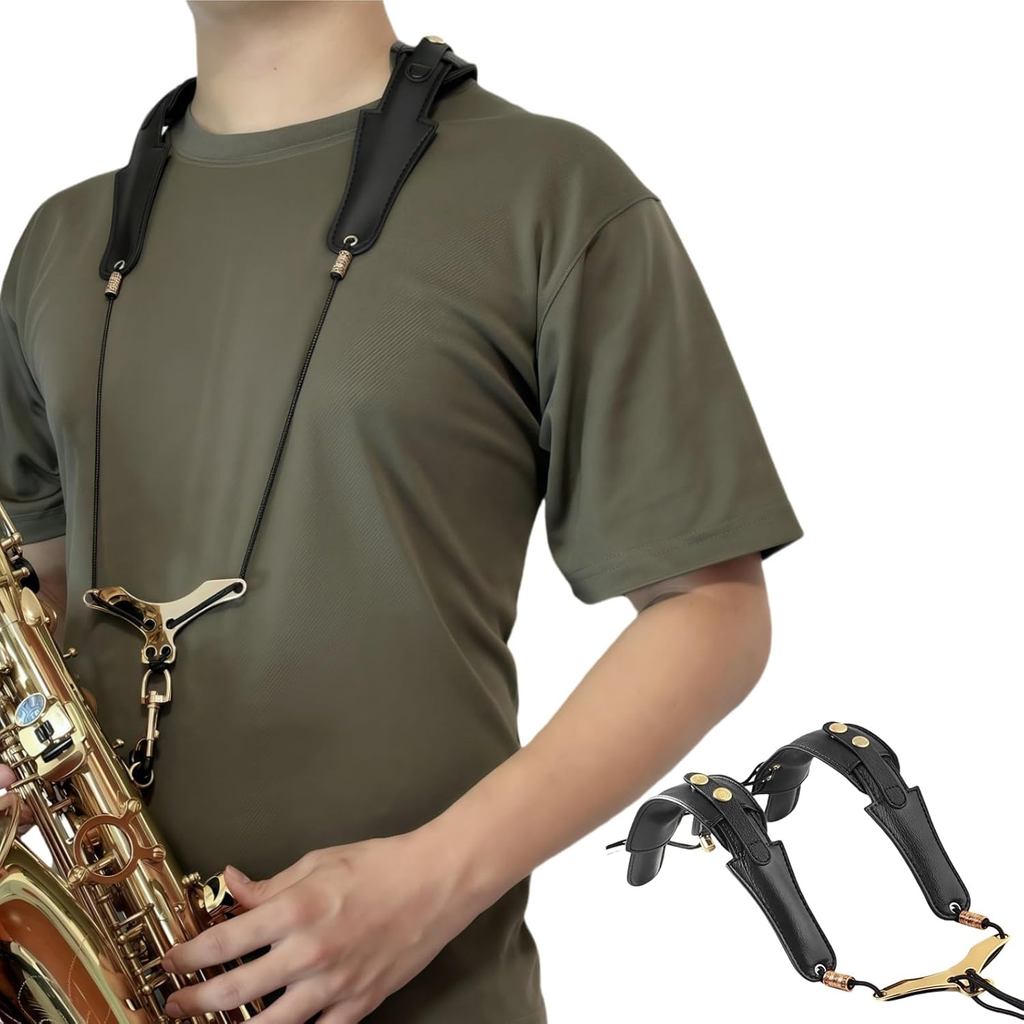 Saxophone Double Shoulder Strap, Adjustable Shape Length Durable Leather Neck Straps w/ Y-shaped Metal Adjustment Buckle