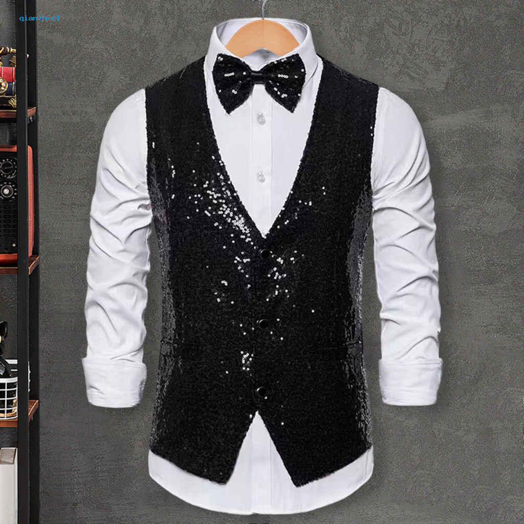 Weddings Formal Sequin Vest Men Glittery Waistcoat with Adjustable Strap Men's Shiny Slim Fit V-neck Sleeveless Bow Tie