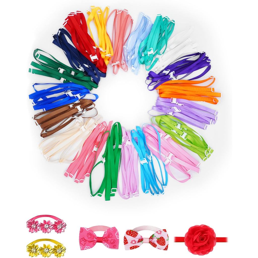 PET SHOW 100 Pack Dog Bow Tie Straps DIY Extension Strap with Adjustable Buckles 20 Colors for All Types of Small Dog Bo