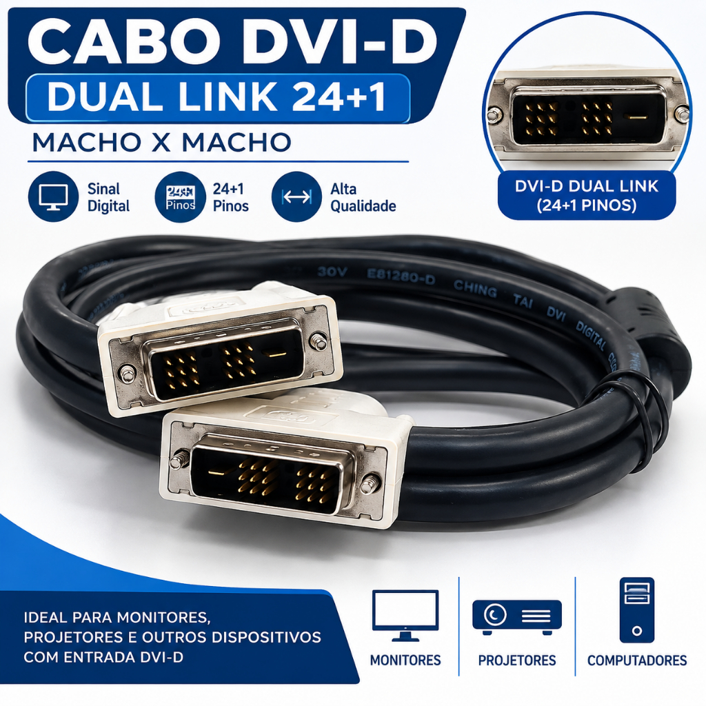 Cabo DVI-D 24+1 Dual Link Macho x Macho Digital para Monitor PC - RECONDICIONADO