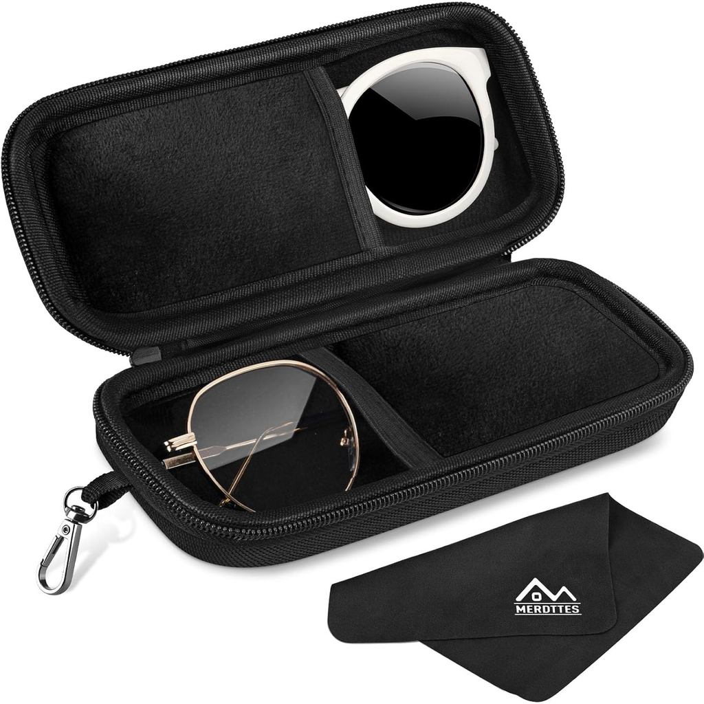 Dual Glasses Case Hard Shell, Double Sunglasses Organizer with Zipper and Cleaning Cloth, Shockproof Travel Eyewear Stor