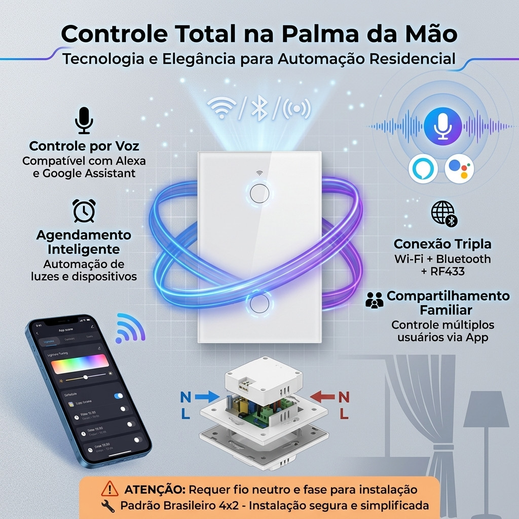 Interruptor Smart Touch 2 Botões Wi-Fi + Bluetooth + RF433: Automação de Iluminação via App Tuya/Smart Life - Padrão 4x2