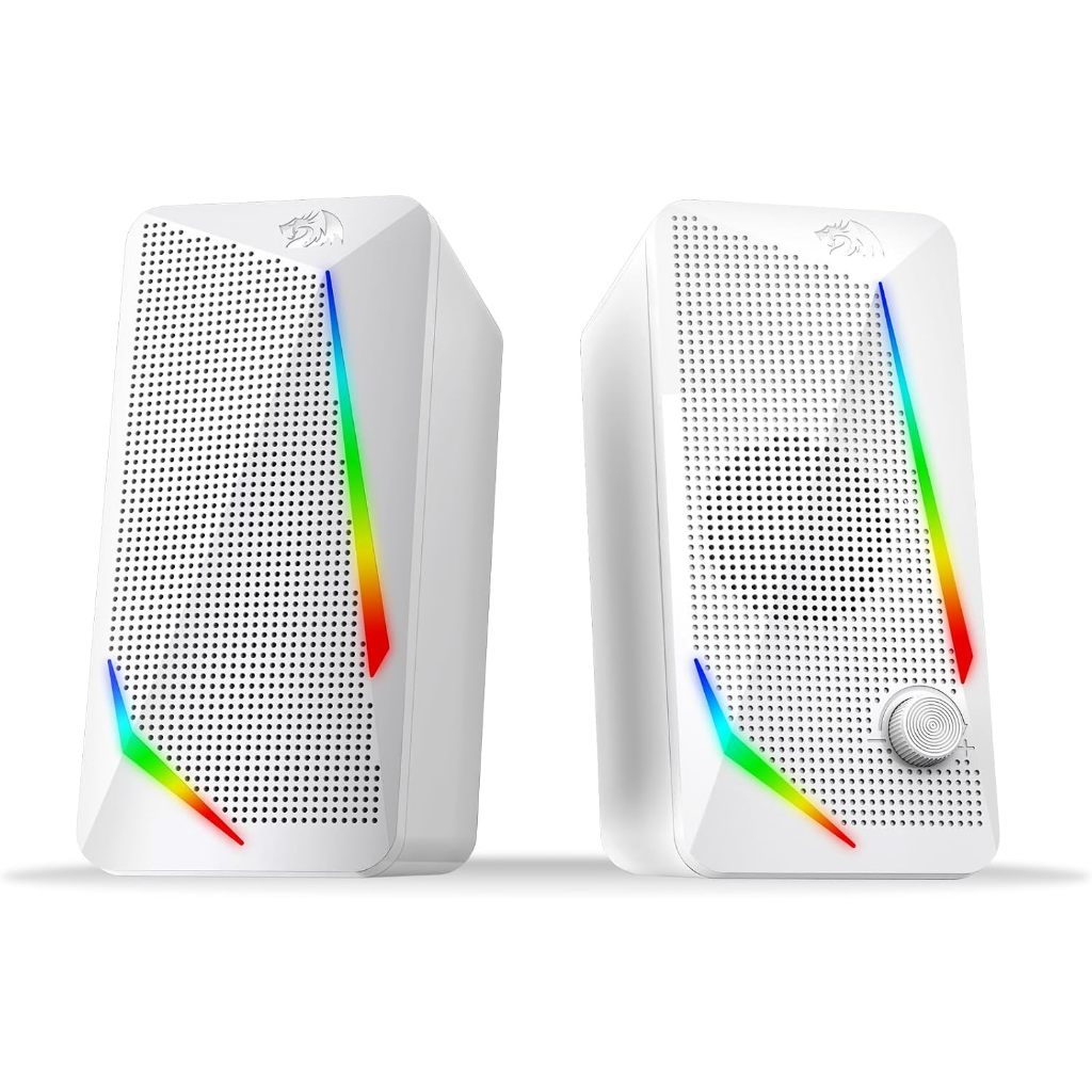 Caixas de Som Gamer Redragon Waltz RGB Branco Stereo 2.0 5W USB + 3.5mm com Roda de Volume GS510W