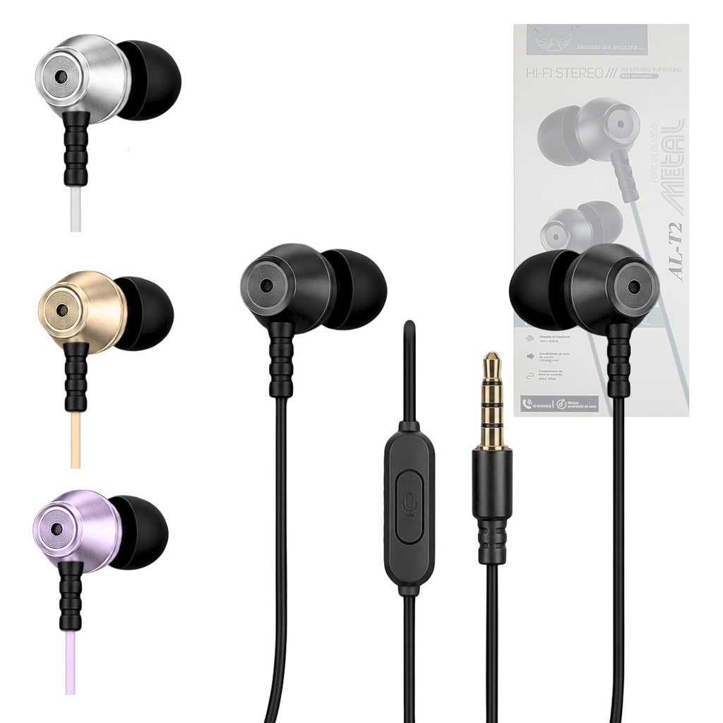 Fone de Ouvido Hi-Fi Stereo Metal com Fio e Controle de Volume AL-T2