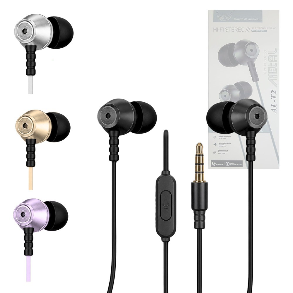 Fone de Ouvido Altomex AL-T2 Hi-Fi Stereo com Fio, Metal e Controle de Volume