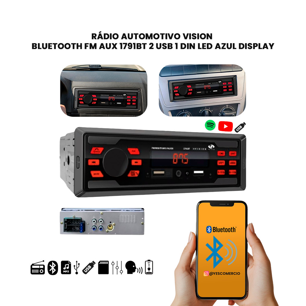 Rádio Som Automotivo MP3 C/ Bluetooth 2 USB's Entrada Auxiliar e Display Led Vermelho