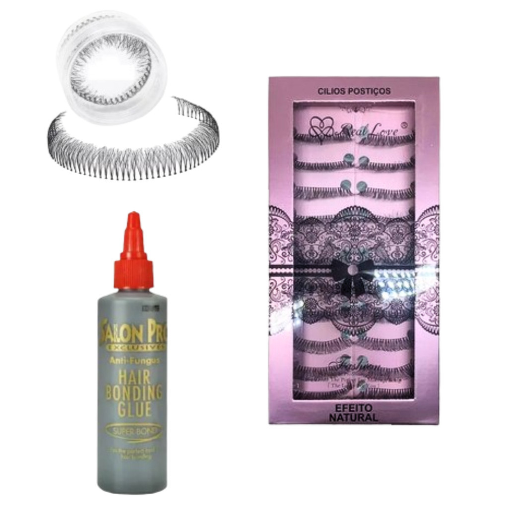 Kit Extensão Cola Salon Pro + Cílios Tufo Tela + Real Love