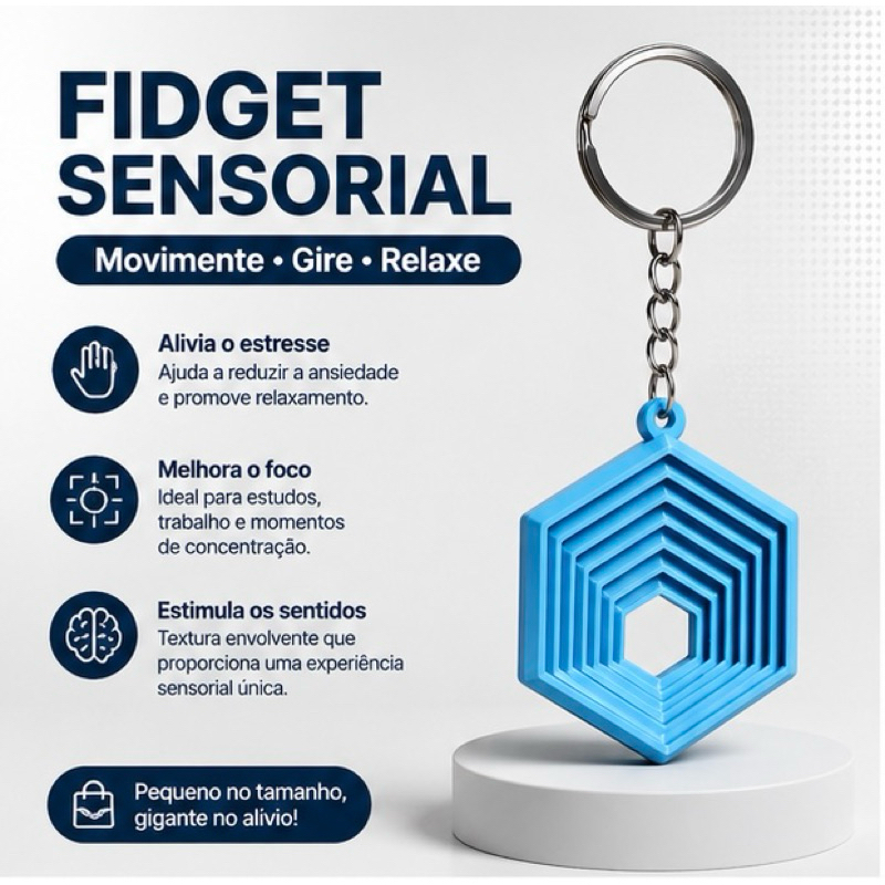 Chaveiro Fidget Sensorial Antiestresse Hexagonal 3D Pequeno e Portátil