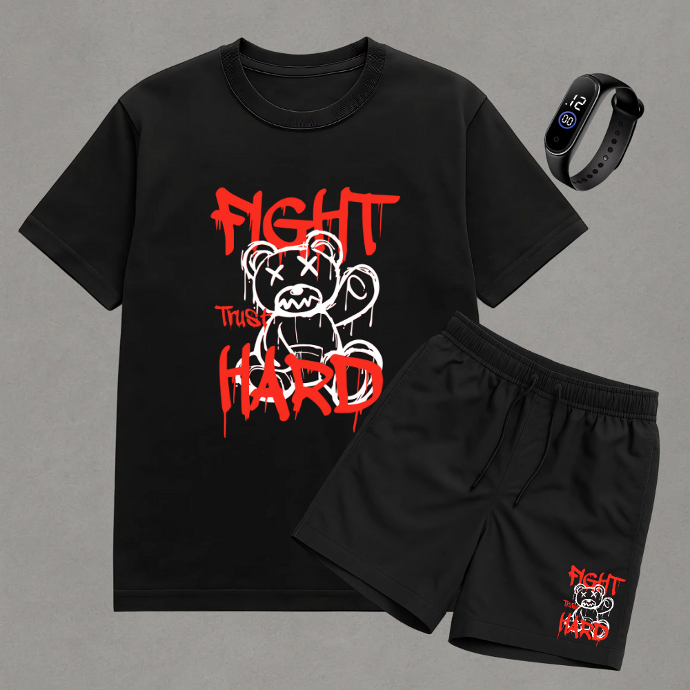 Kit Masculino Camiseta 100% Algodão + Short Tactel URSO FIGHT HARD + Relógio Brinde