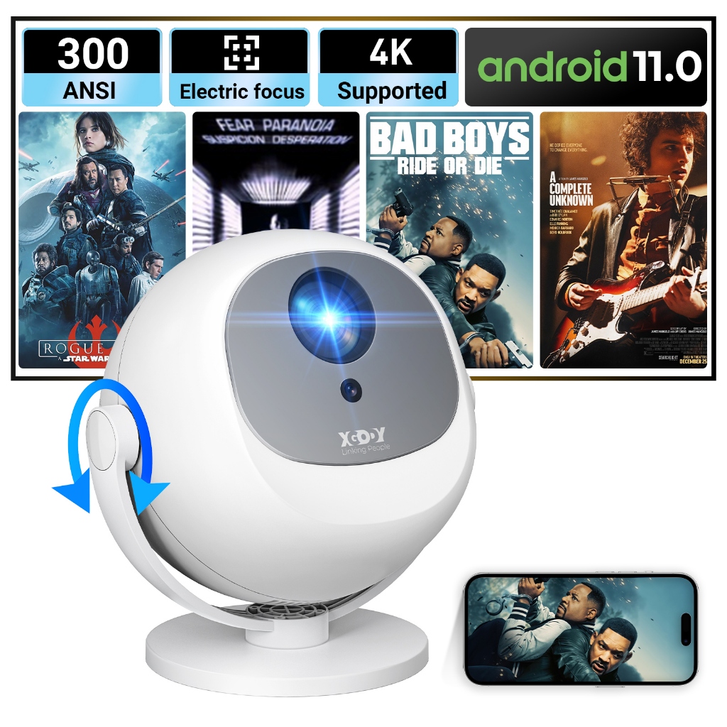 Projetor XGODY Gimbal A2 Android 11 HD 4K 1080P 2x3W Alto-Falante 300 ANSI De Home Theater