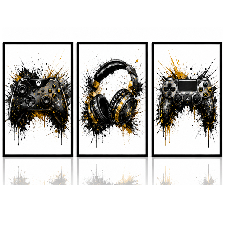 Quadro Gamer Controles Gamer Consoles Xbo Playsta Headset Setup Gamer Kit 3 Peças Decorativo