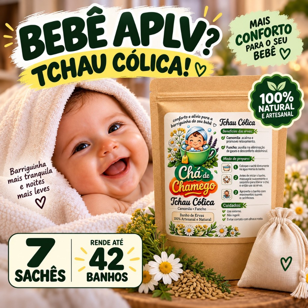 Tchau Cólica – Banho de Ervas para Bebê APLV | Cólica, Gases e Desconforto Abdominal | 7 Sachês – Rende até 42 Banhos