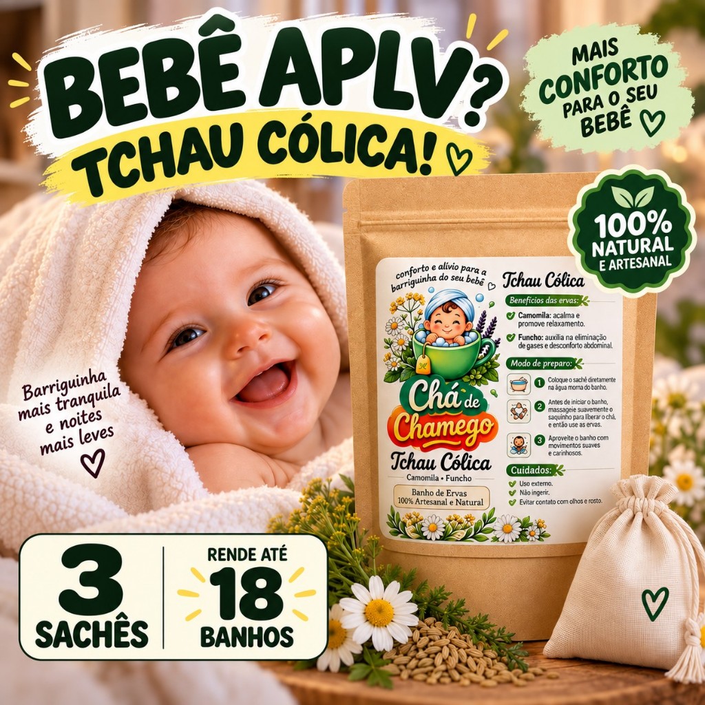 Tchau Cólica – Banho de Ervas para Bebê APLV | Cólica, Gases e Desconforto Abdominal | 3 Sachês – Rende até 18 Banhos