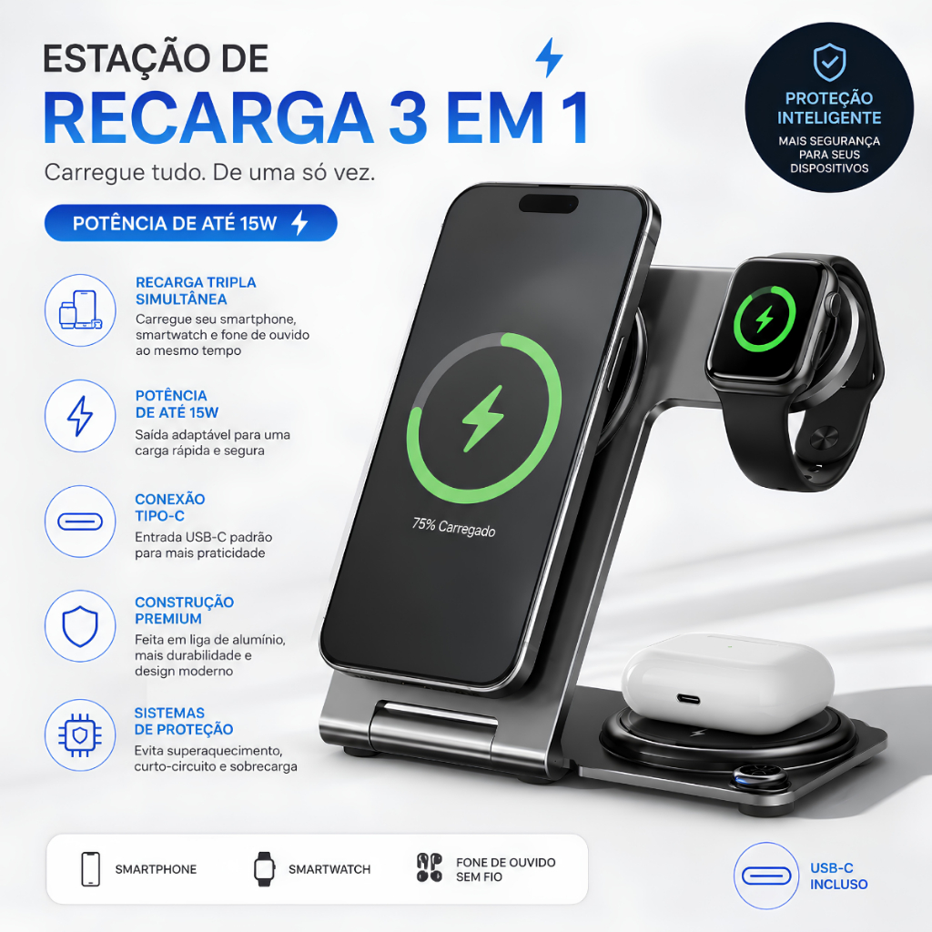 Carregador Indução 3 Em 1 Celular Smartwatch E Fones 15w