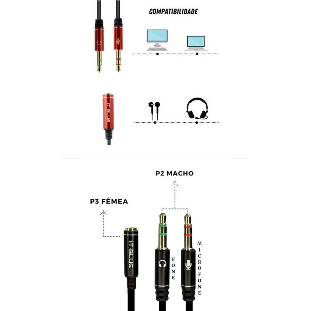 Cabo adaptador de fone de ouvido microfone para PC Notebook