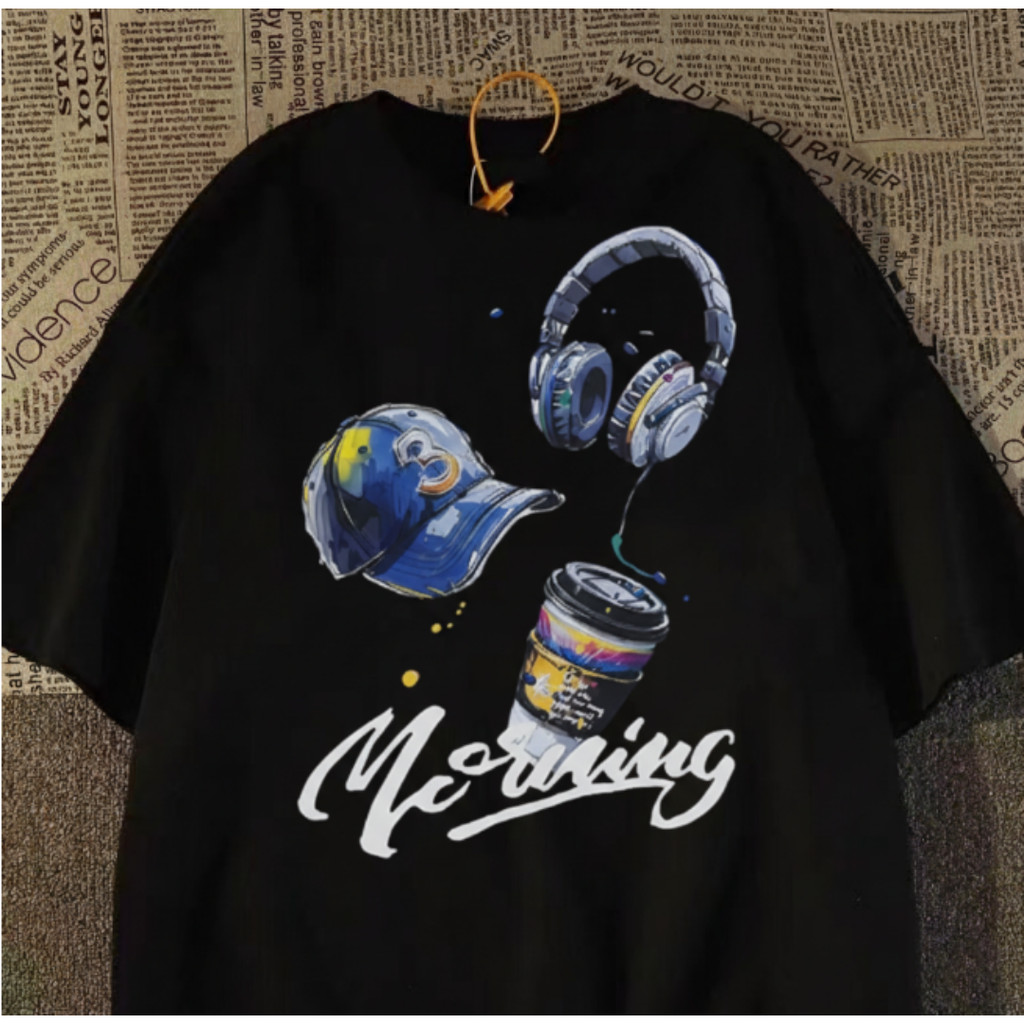 Camiseta Masculina Casual E Moderna, Em Puro Algodão, Com Estampas De Boné De Beisebol, Fones De Ouvido E Xícara De Café
