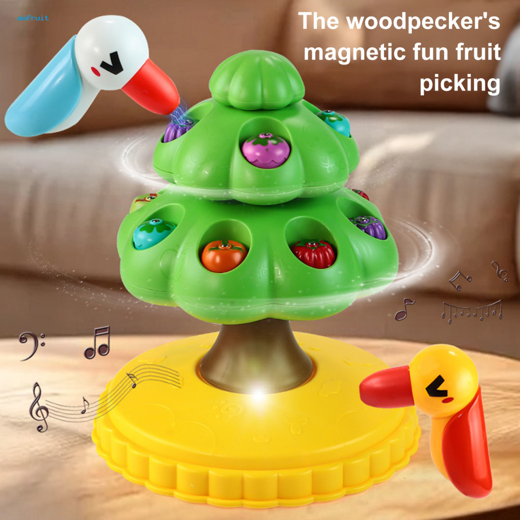 Educational Fruit Tree Toy Kids Woodpecker Magnetic Pick for Toddlers – 360° Rotating with Music Led Lights for Boys
