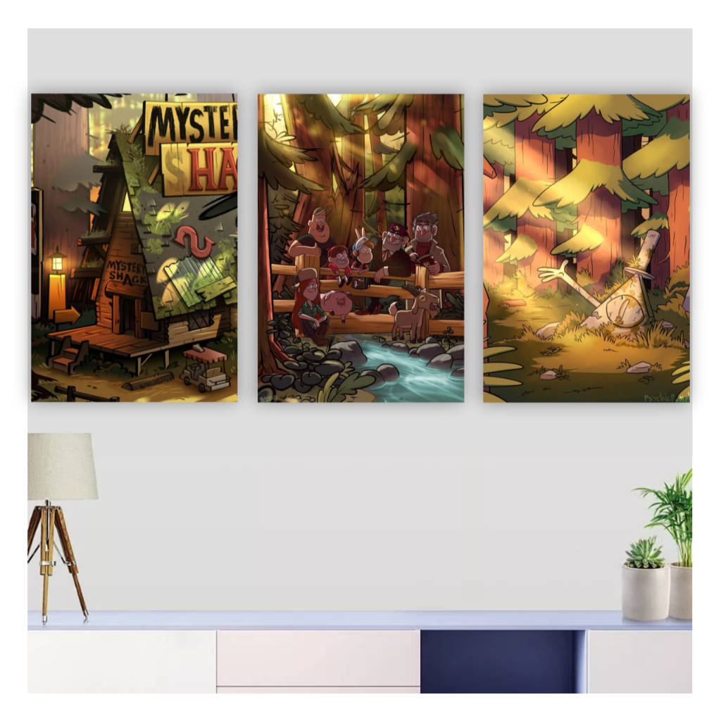 Quadro decorativo gravity falls mabel dipper bill cipher decoração desenho animado barraca do mistério