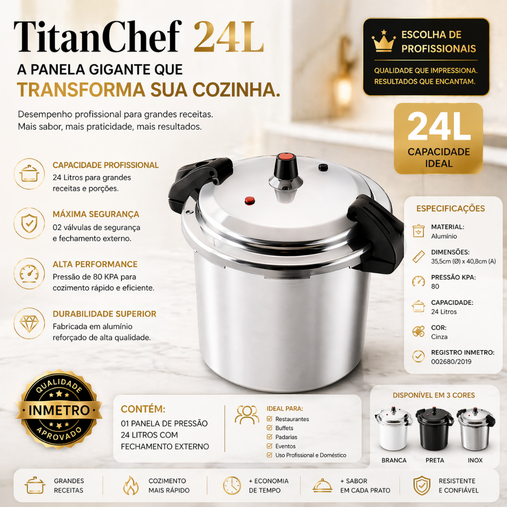 Panela de Pressão 24L TitanChef Grande Capacidade Alumínio Reforçado Fechamento Externo Profissional