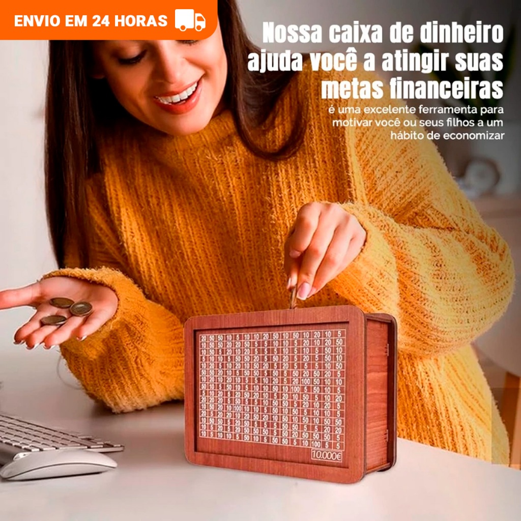 Cofre Desafio 10Mil Woodbox Cofrinho Caixa De Dinheiro Poupança - Envio Rápido