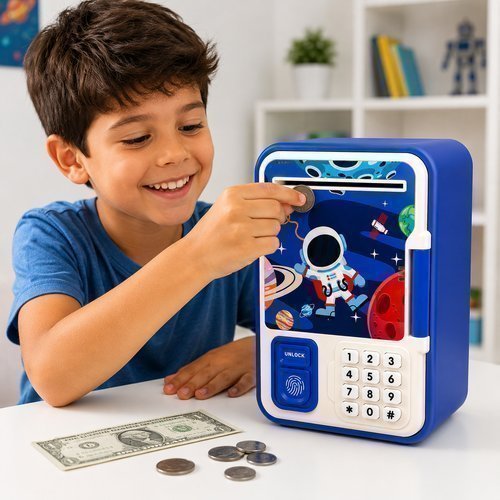 Cofrinho Eletrônico Infantil Astronauta Caixa Forte Com Senha E Impressão Digital Brinquedo Educativo
