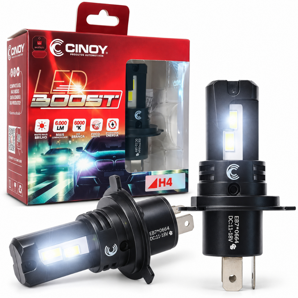 Par Lâmpada Farol Led Boost 6000k 6000 Lumens Cinoy Kit H4 Encaixe Original Alto E Baixo Plug Play