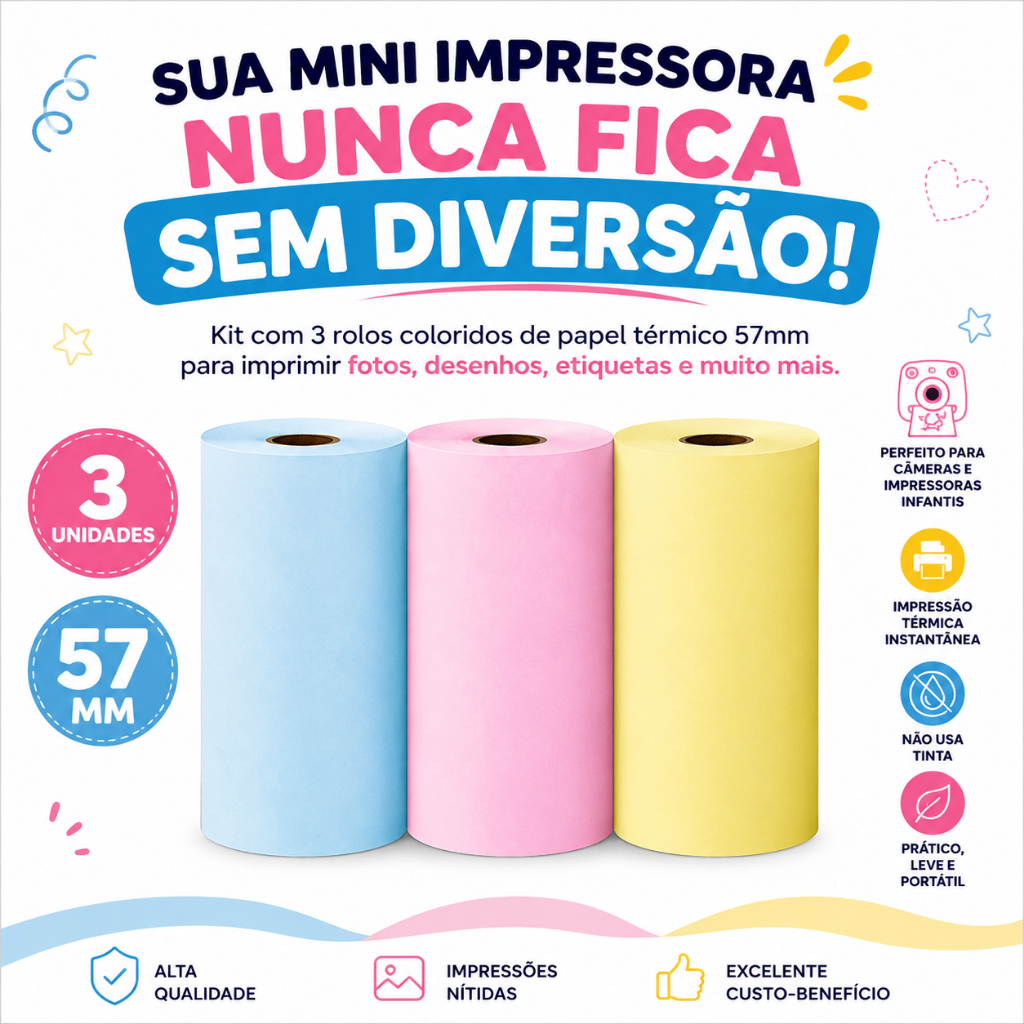 Kit 3 Papéis Térmicos Coloridos 57mm para Mini Impressora Infantil Bluetooth Refil Câmera Portátil