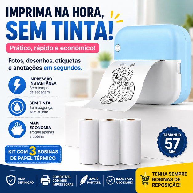 Kit 3 Papel Térmico 57mm para Câmera Infantil Mini Impressora Bluetooth Branco