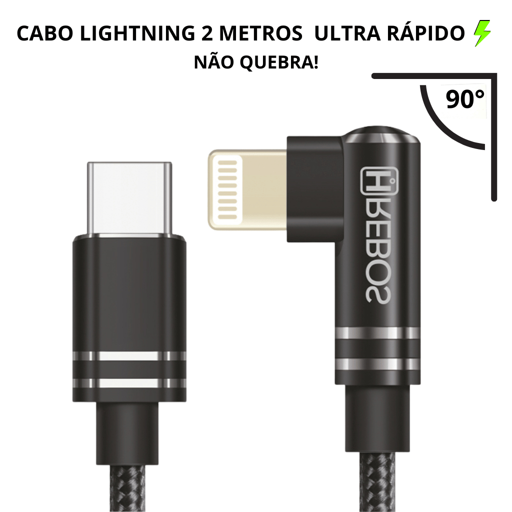 Cabo USB-C em L 90 Graus Lateral Compatível IOS Folded-Up Carregamento 2 Metros Preto 30w Tipo C Smartphones Computador