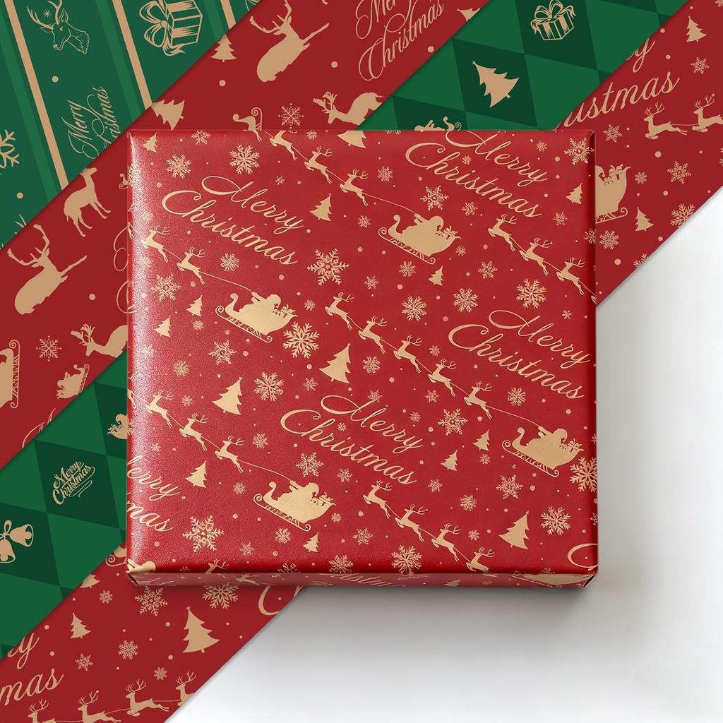 Tlenpo 12 Sheet Vintage Christmas Wrapping Paper With Twine, Gift Wrap Paper Xmas Red & Green Folded Flat Seasonal Art P