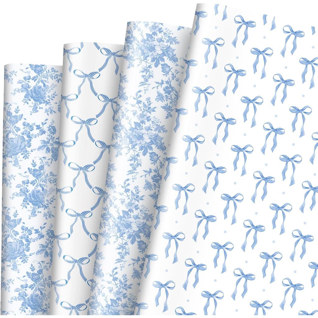 JarThenaAMCS 8 Sheets Blue Bow Wrapping Paper -Not Roll- Chinoiserie Floral Gift Wrap Paper Folded Flat Craft Paper for
