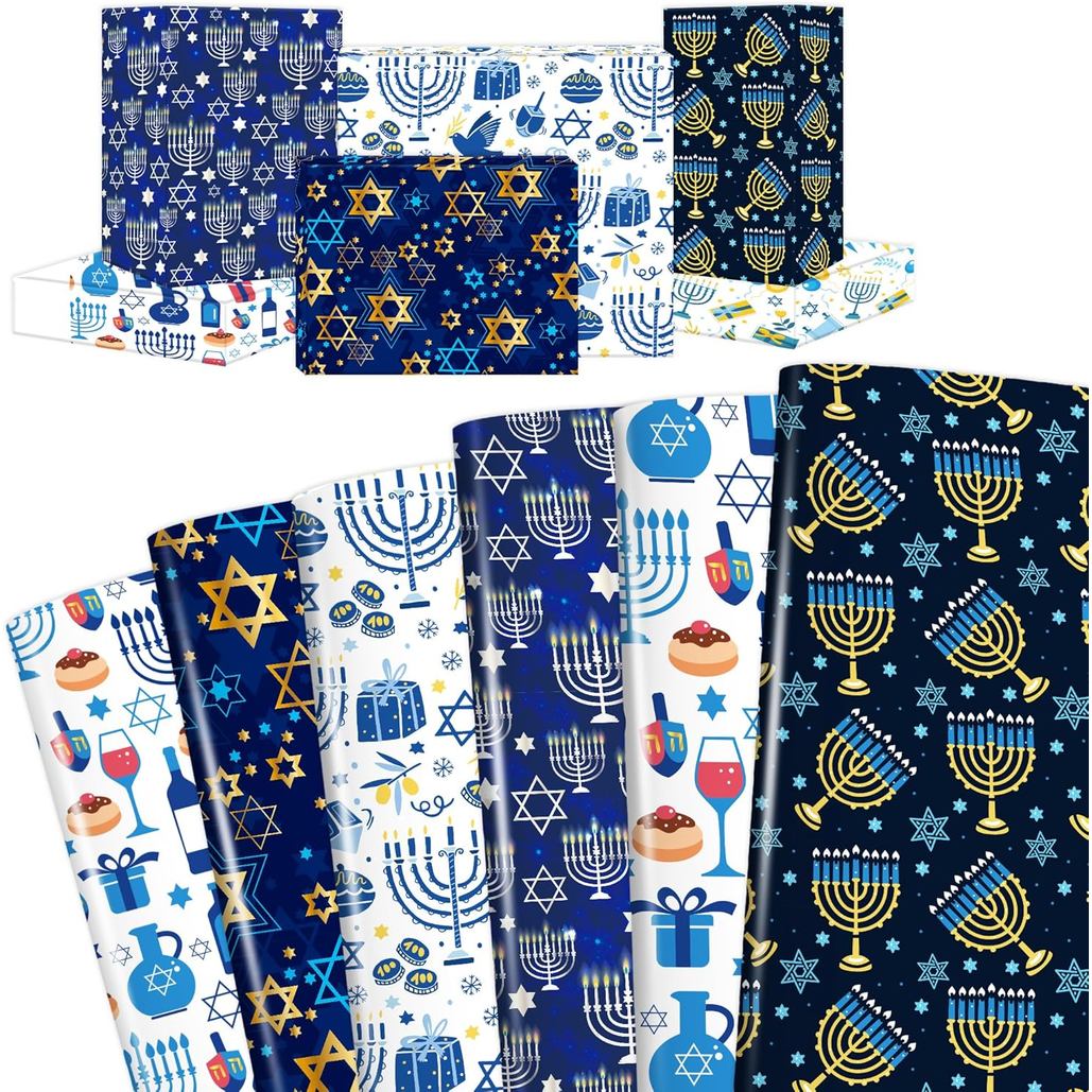 EUOYUFO 12 Sheets Hanukkah Wrapping Paper Decorations Not Roll Menorahs the Star of David Gift Wrap Paper Folded Flat fo
