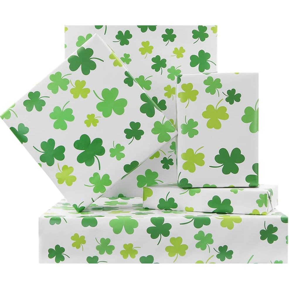 Green Clover Wrapping Paper On White Gift Wrapping Paper 4 Sheets Folded Flat 20x30 Inches Per Sheet, Gift Wrap for St.
