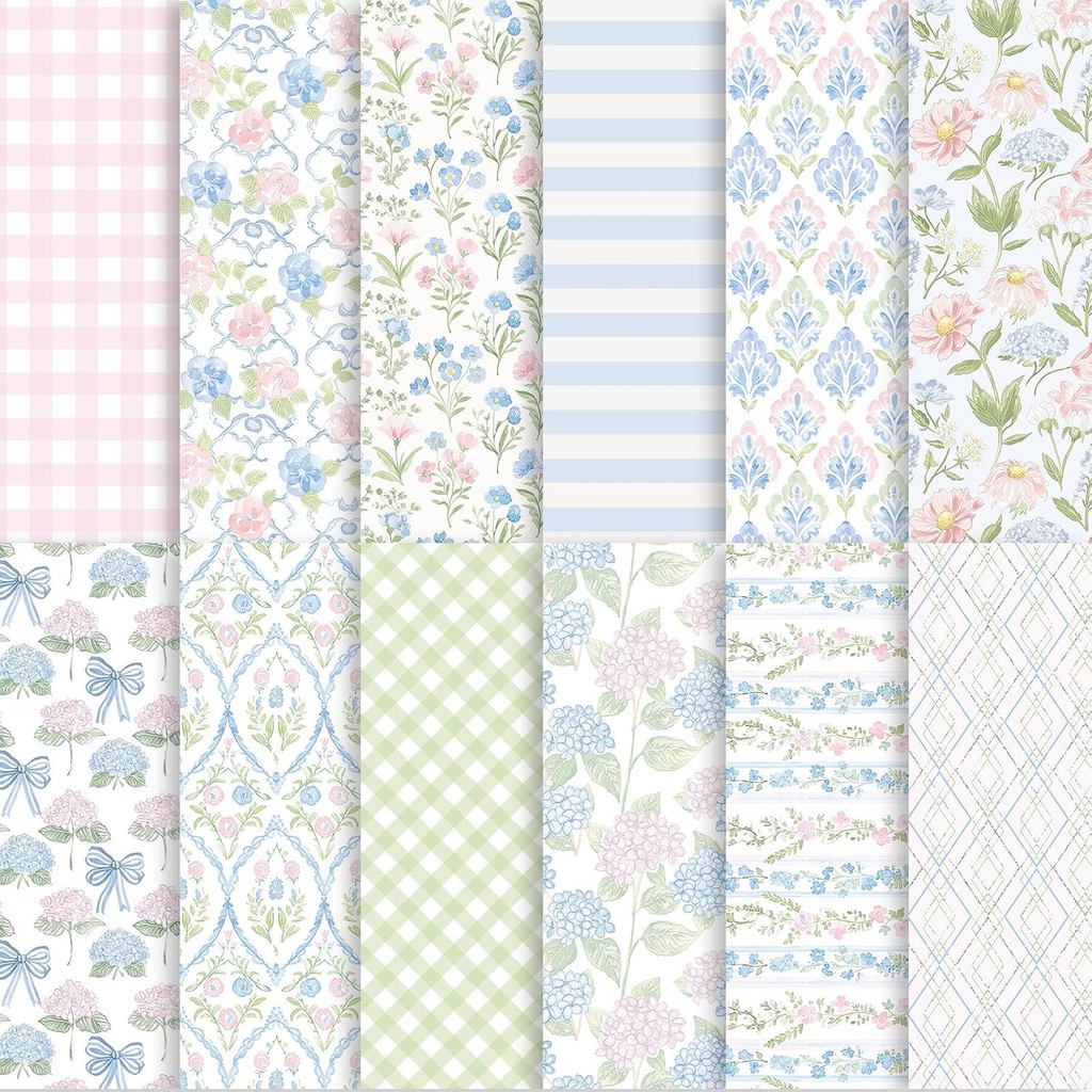 60 Sheets Watercolor Hydrangea Scrapbook Paper, Pastel Floral Patterns Decorative Craft Paper Folded Flat for Christmas
