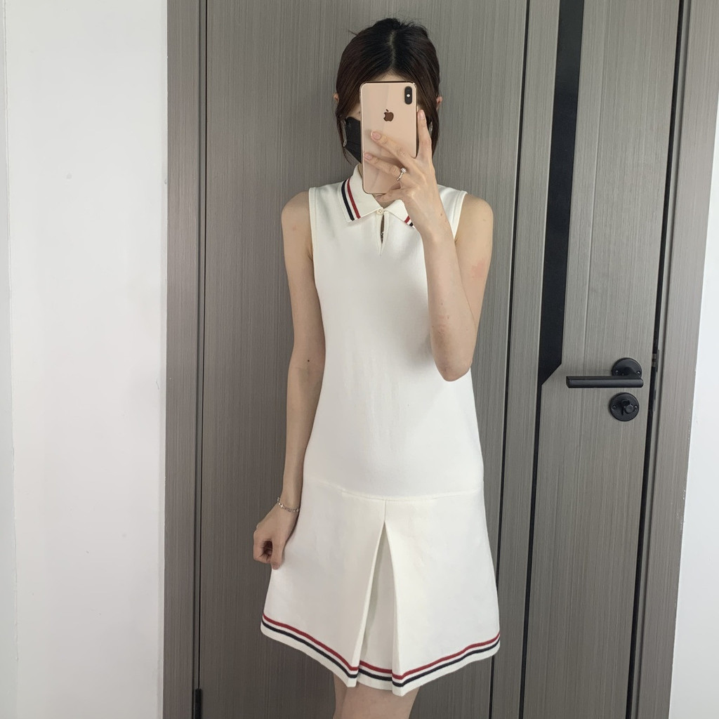 4RC4 TB- Summer new women's clothing with a folded hem and elegant sleeveless striped design POLO Collar Dress