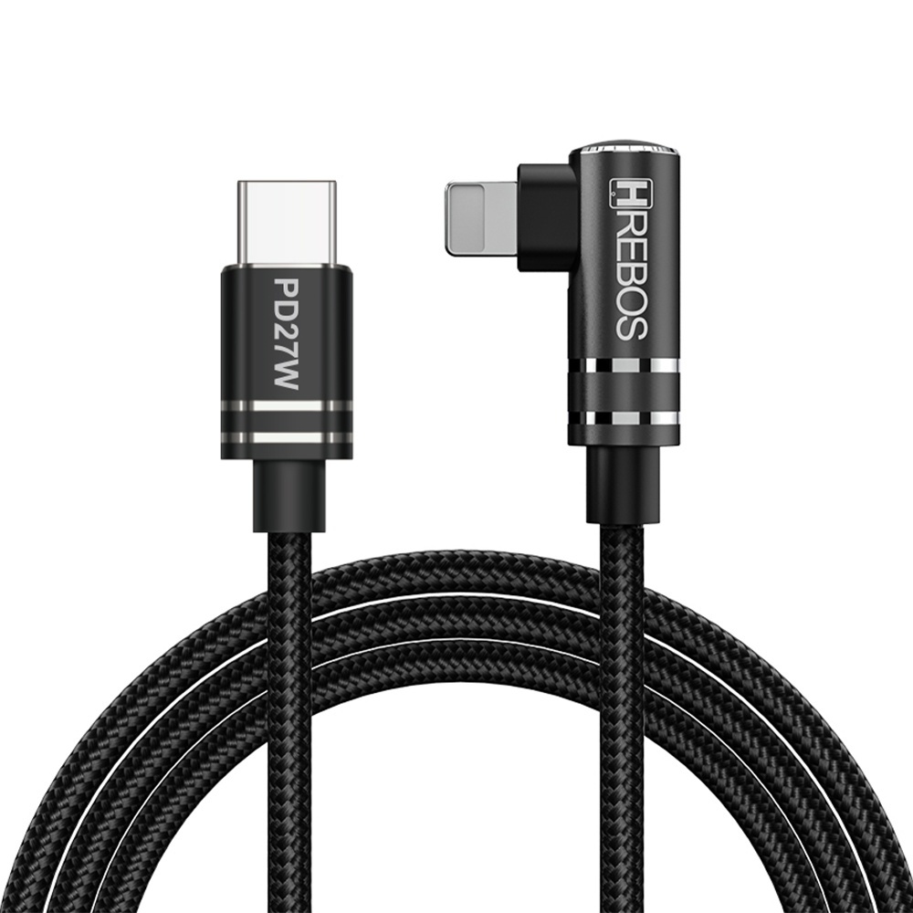 HREBOS Cabo Folded Up 1/2 Metro Preto 30W Potência Type-C x Lightning