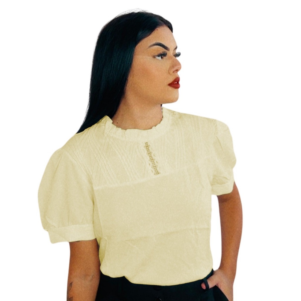 Blusa Princesa Drapeada Lisa Crepinho de Manga Curta Puff Gola  Redonda  Envangélica Tendência 2025