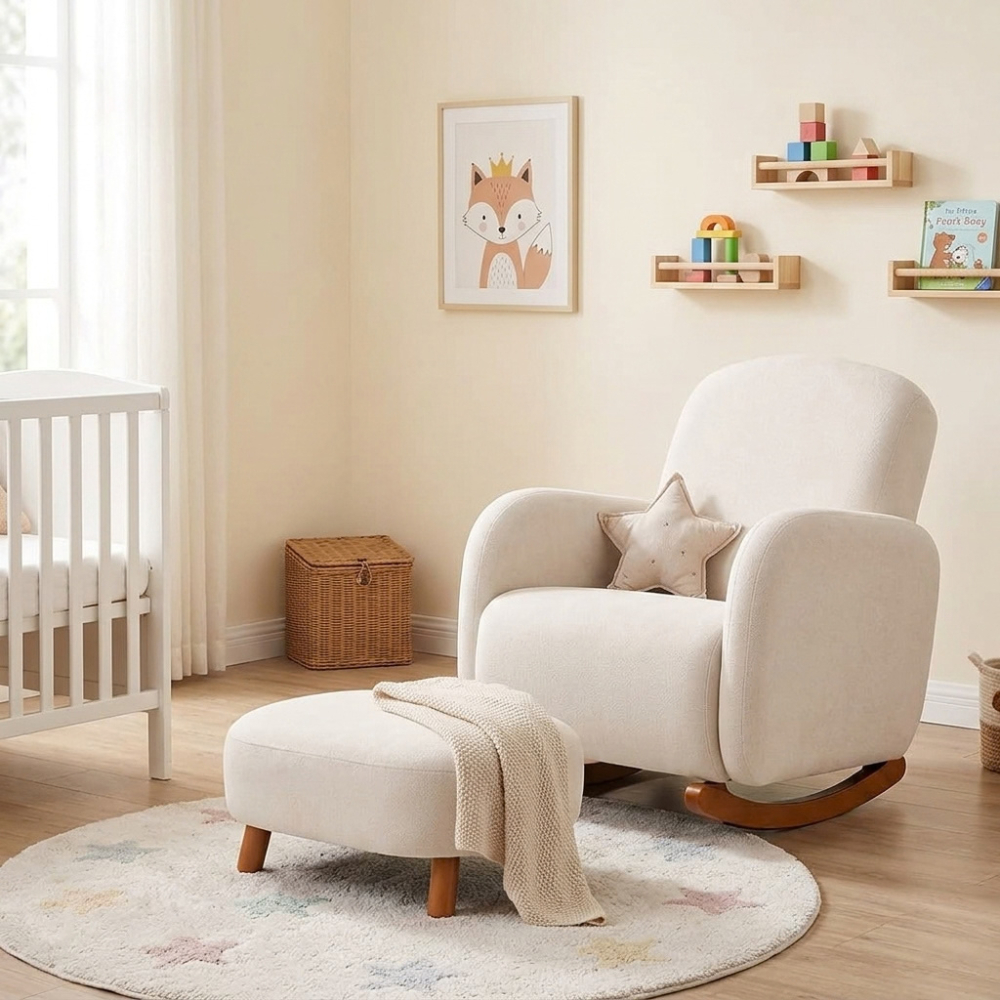 Poltrona Base Balanço Organica Leitura Boucle Bege ou Verde com Puff Morderna Confortavel Leitura