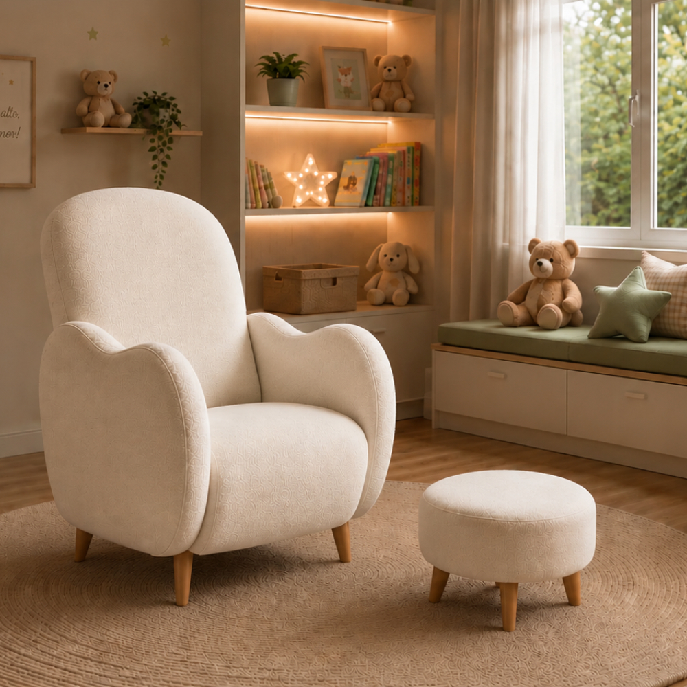 Poltrona Amamentação Pés Palito Paris Luxo Orgânica Bouclé com Puff Confortável Opala Tila Helena Premium