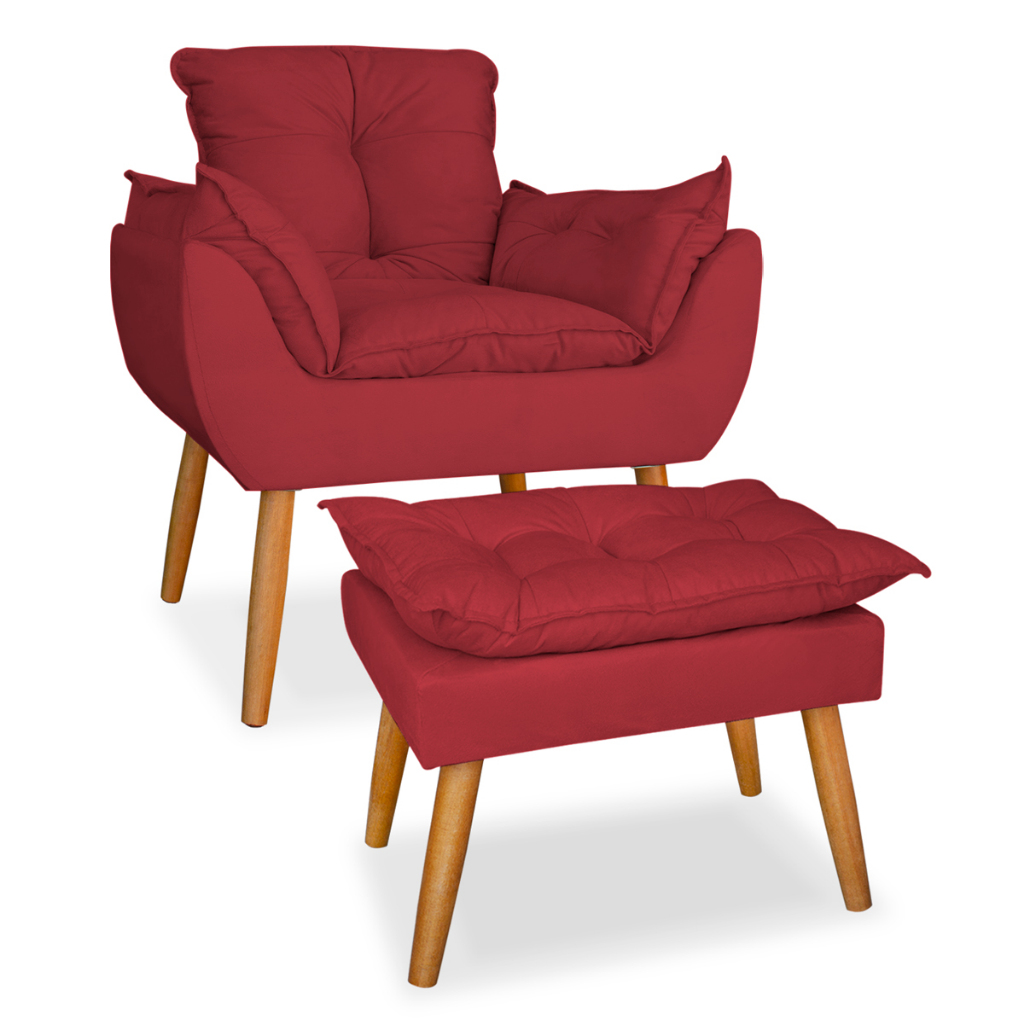 Poltrona opala mais puff pes palito suede vermelho