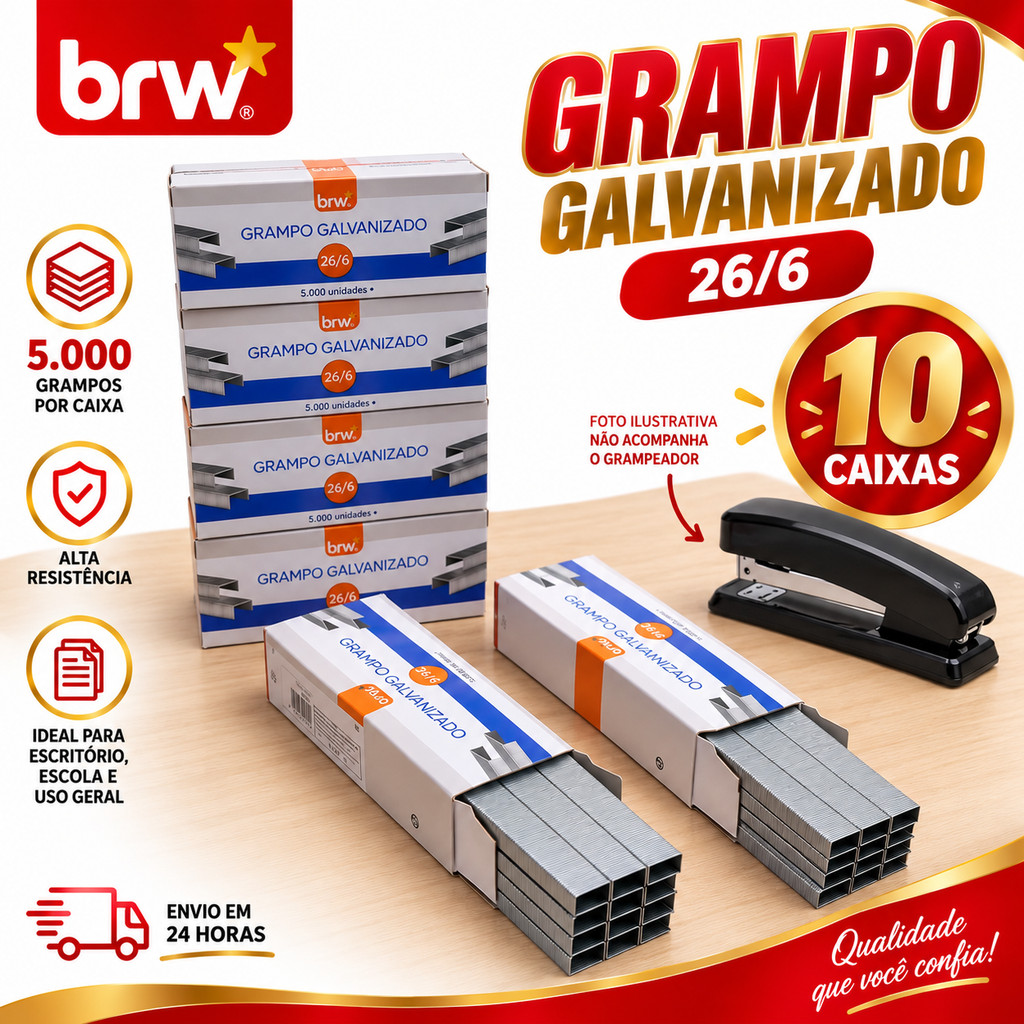 Kit 10 Caixas Grampo 26/6 BRW Galvanizado 5.000 x10 Unidades Cada 50000 MiI Grampos Escritório